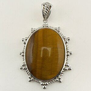 QVC Tigers Eye Pendant Enhancer Sterling Silver 925 Oval Cabochon 2.5" Large